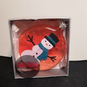 New in Box MoMA Hand-painted Acrylic Snowman Holiday Ornament - Orange